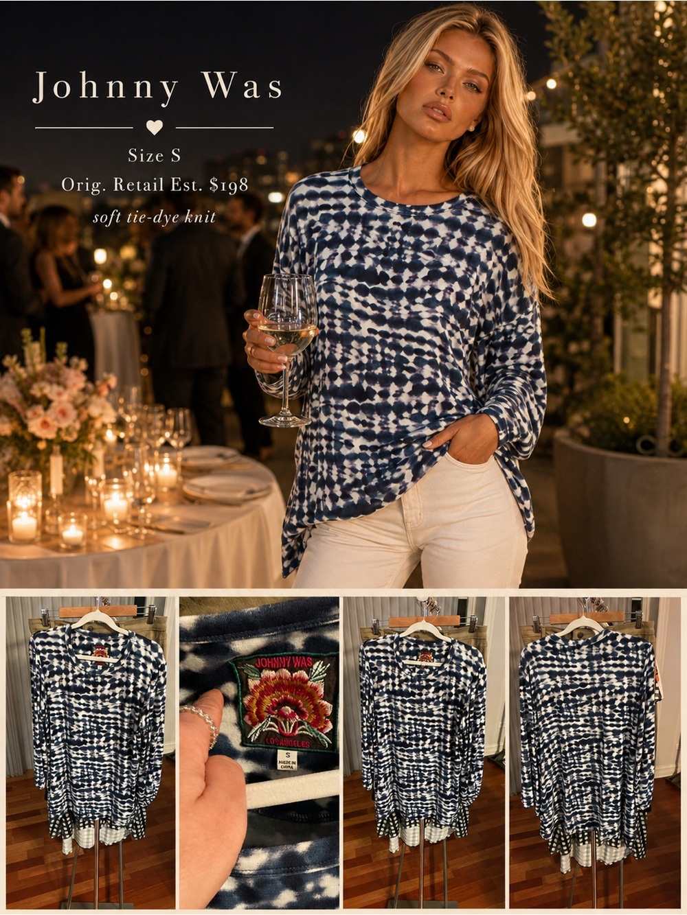 Johnny Was Navy and White Tie-Dye Long Sleeve Top